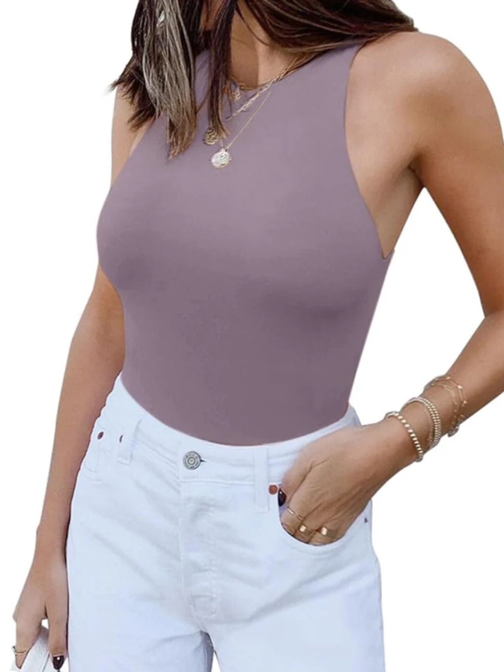 2 for 1 ReoRia High Neck Sleeveless Bodysuits in hazy Lilac and Neon Pink.